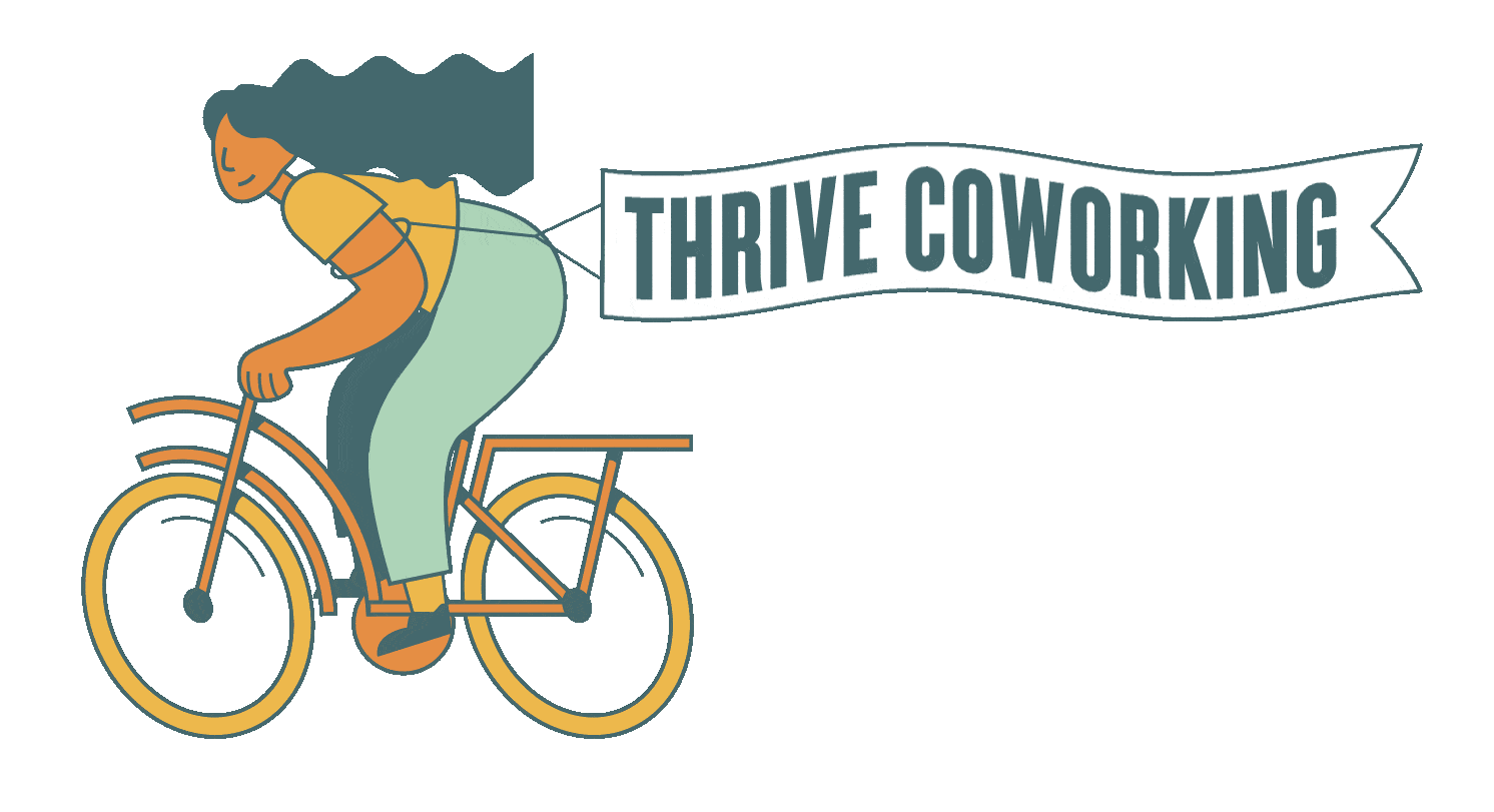 Illustration of a cyclist carrying a THRIVE Coworking banner