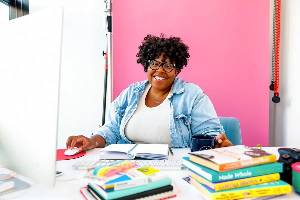 A member working in her private office at THRIVE